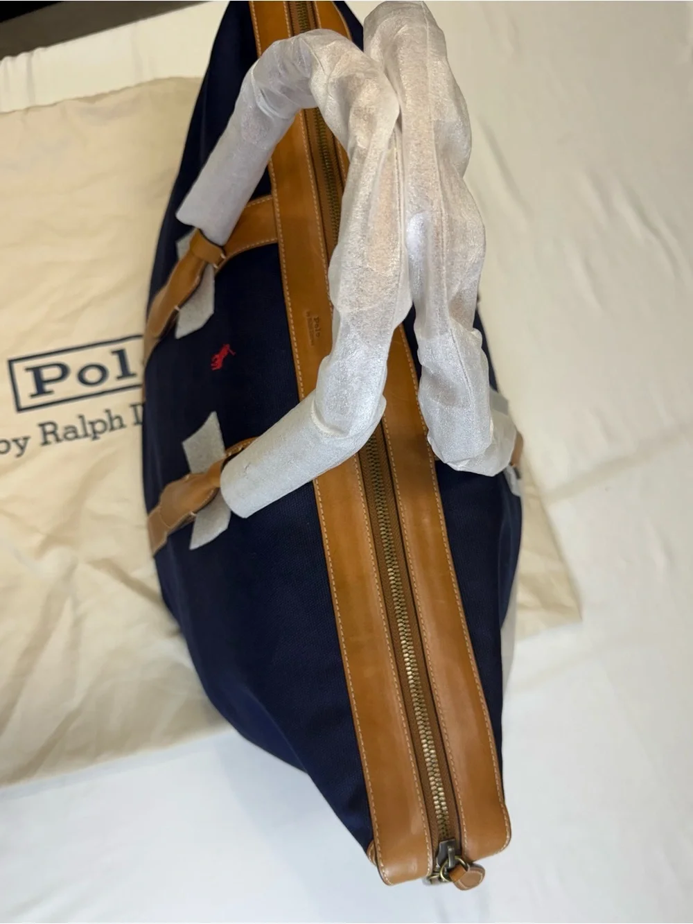Ralph Lauren Navy Canvas Travel Tote with Tan Leather Trim and Red Polo